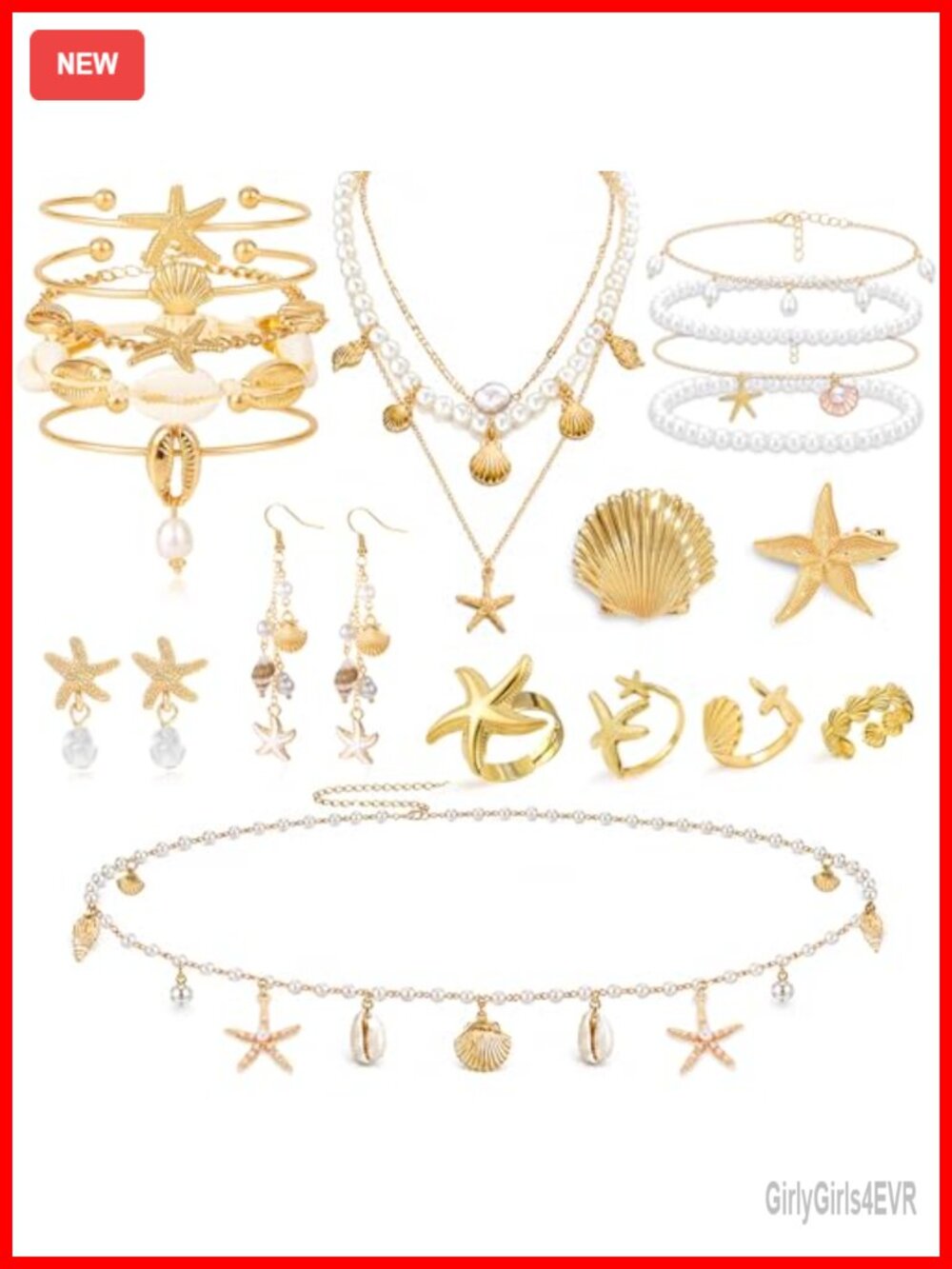23 Pcs Mermaid Beach Jewelry Set, Pearl Seashell Starfish, Layered Necklace